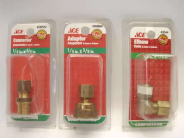 Ace Compression Brass Fittings 1/4x3/8 Adapter 1/4x1/4 Elbow 1/4x1/4 Connector