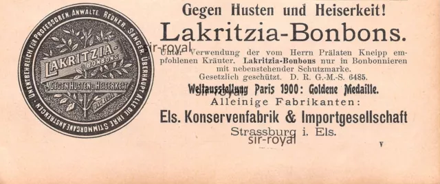 Lakritzia Bonbons Konservenfabrik Strassburg - 1905 -Historische Werbung ~16x7cm