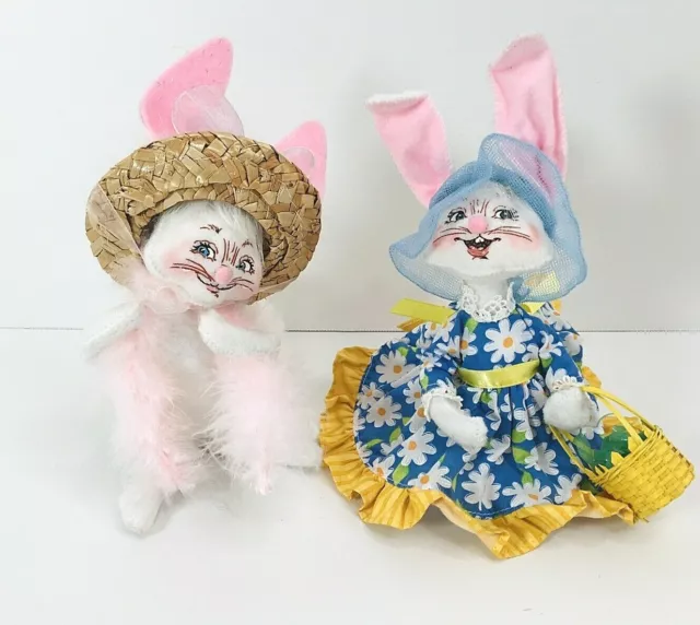 Annalee Easter Spring Daisy Blue Dress Girl 2 Bunny Doll Basket Pink Boa Hat Lot