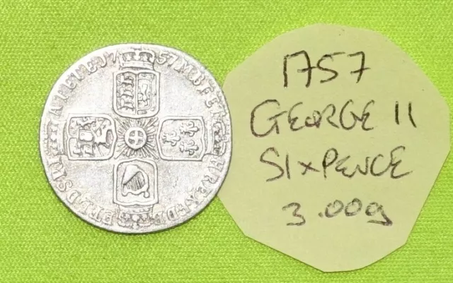 1757 Silver SIXPENCE Coin King GEORGE II (1727 - 1760) 3.00g ESC1622 (vi)