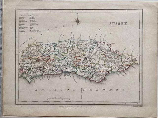 1844 Hand Coloured County Map Sussex Horsham Westbourn Lewes Worthing Battle