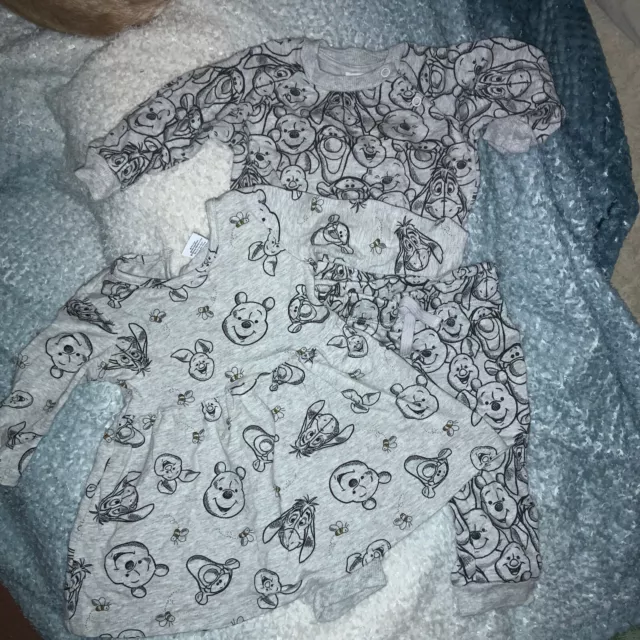 Disney Baby Girls Grey Winnie The Pooh Dress & Tracksuit Bundle Age 3 - 6 Months