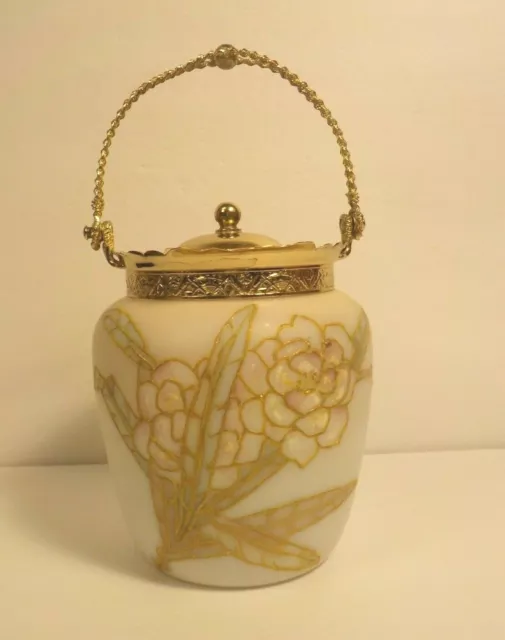 Mt. Washington CROWN MILANO Art Glass Cracker / Biscuit Jar, Gold Plated Metal