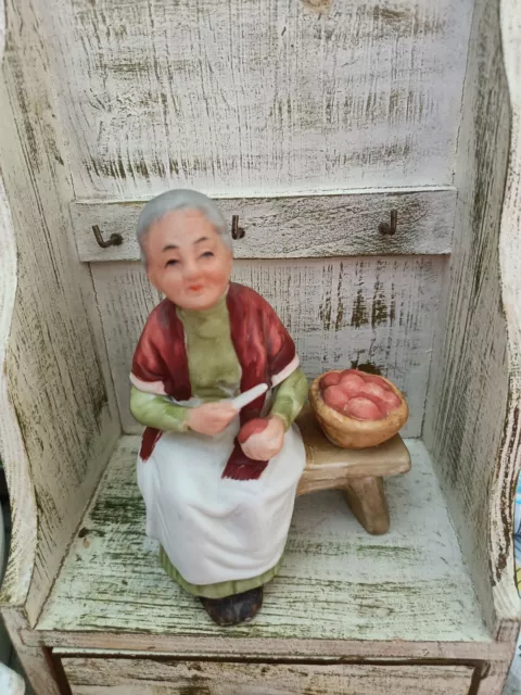 Vintage Figurine Old Lady on Bench Peeling Potatoes/Apples  Porcelain by HOMCO