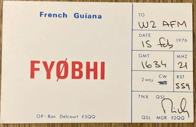 QSL Card - French Guiana Ron Delcourt FY0BHI 1976 Postcard