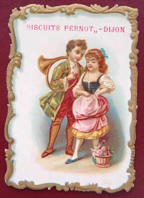 Chromo Biscuits Pernot - Dijon - Couple - Cor De Chasse - Panier Fleurs -