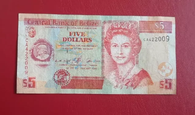 1999 Belize 5 Dollars Circulated Banknote