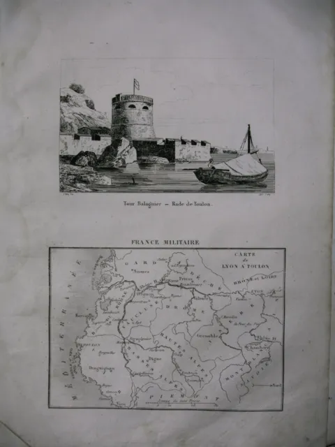 gravure ancienne XIXe FRANCE MILITAIRE rade de Toulon - tour Balagnier - carte