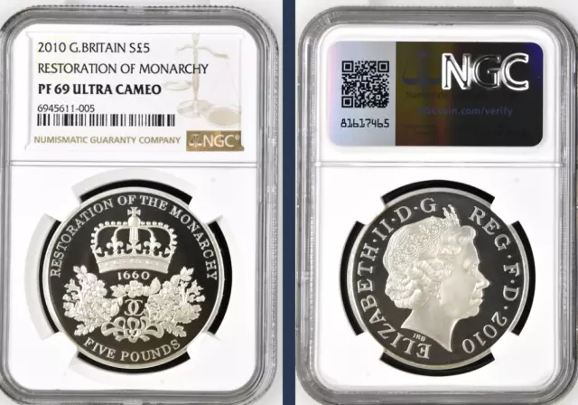 2010 Silver £5 RESTORATION OF MONARCHY Proof NGC PF69 Great Britain