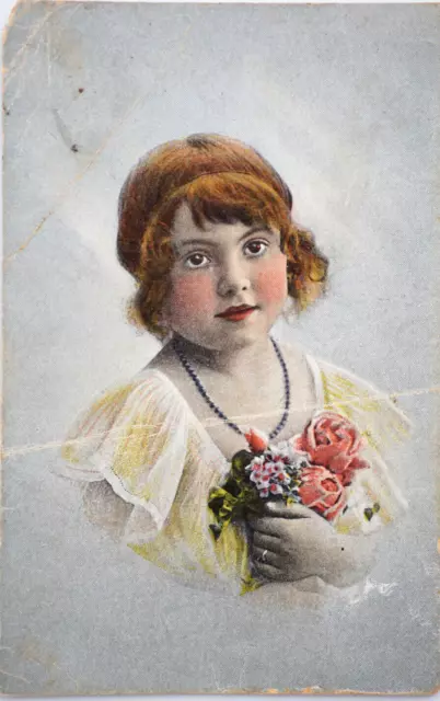 Postcard Victorian Young Mystery Girl with Flowers Pink Roses Bouquet Dress