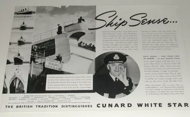 1939 CUNARD White Star Lines 2 page advertisement Queen Mary docking Cmdr Irving