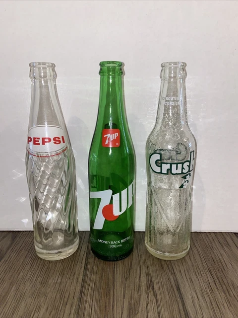 Vintage Soda Pop bottles lot of 3. Pepsi, 7-Up, Crush