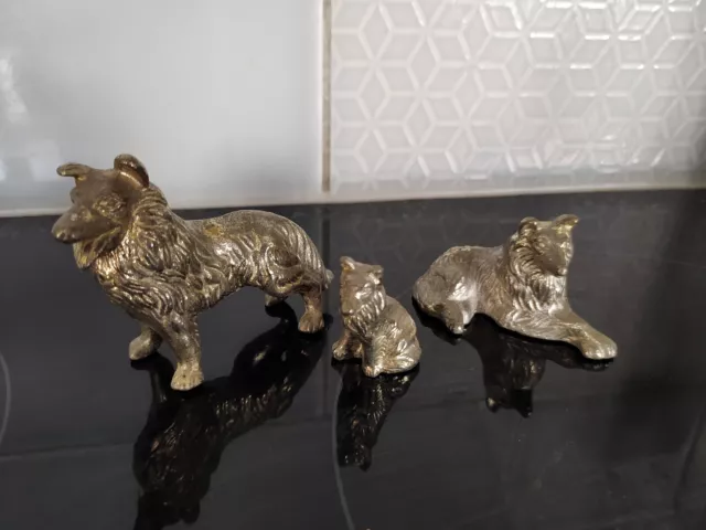 3 Silver Coloured Metal Collie Dogs