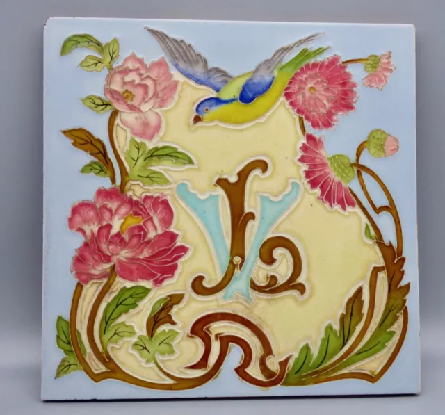 ° Beautiful 1900 french Parrot Bird with Flowers Art Nouveau VL LV relief tile