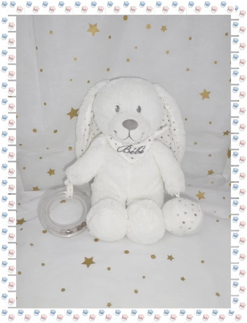 ⑯ - Doudou Peluche  Lapin Blanc Taupe Pois Anneau Balle Bébé  Pommette