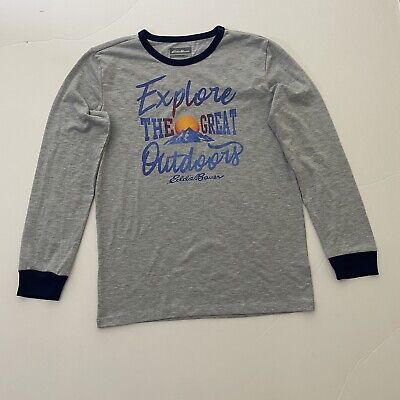 Eddie Bauer T-Shirt Kids 14-16 Explore The Great Outdoors L/S Grey Navy Youth