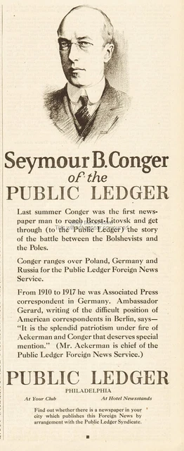 1921 Public Ledger Philadelphia PA Newspaper Reporter Seymour B Conger Ad