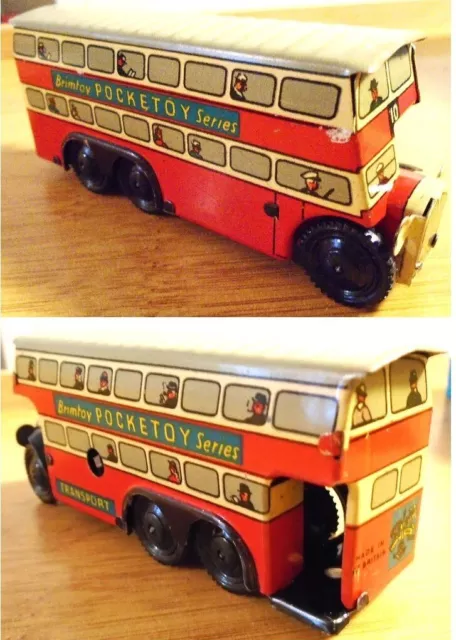 Wells Brimtoy Pocketoy Tin Plate Clockwork 6-wheel Double Decker Bus with a Key