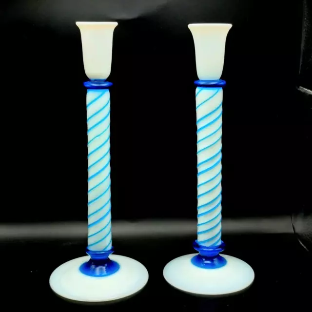 Rare Fry Foval Blue Opalescent Glass Candlestick Holders Vintage Reproduction