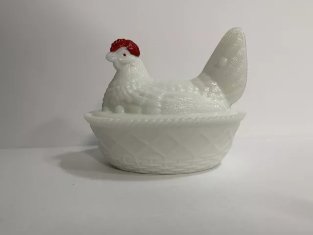 Westmoreland Vintage Hen On Nest Milk Glass Covered Dish Hand Painted  2 Pc