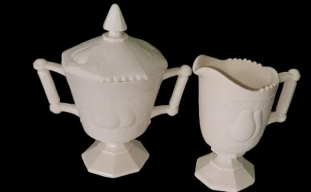 Janette Shell Pink Milk Glass Sugar Bowl & Creamer