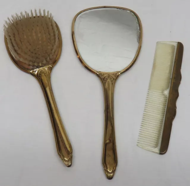 Vintage 3 Piece Retro Golden Wheel Dresser Set Mirror Hair Brush Comb Vanity