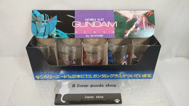 Rare Bandai Gundam X Suntory Glass Set Of 5 – 1980s Anime Collectible – Made In Japan, Fast Shipping