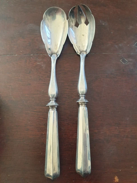 ANCIENS COUVERTS A SALADE EN ARGENT FOURRE POINÇONNÉS ET CORNE NOIRE