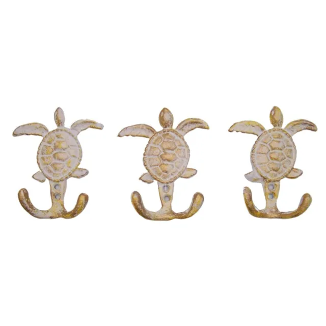 White Sea Turtle Cast Iron Wall Hooks, Gold Toned Accents, Set of 3, 4.75 Inches