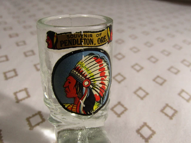 PENDLETON, OREGON Souvenir glass boot or toothpick holder with INDIAN CHIEF LOGO