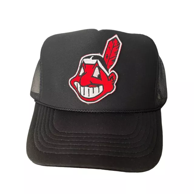 New Vintage Throwback Cleveland Indians Chief Wahoo All Black Trucker Hat Cap