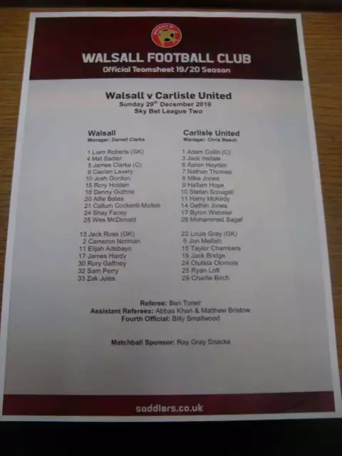 29/12/2019 Colour Teamsheet: Walsall v Carlisle United