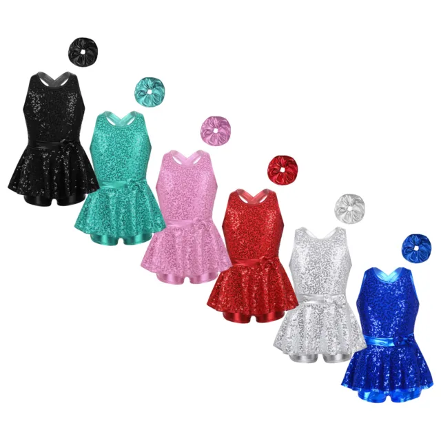 Girls Costume Shiny Outfits Jazz Set Sequined Dress Built-in Shorts Leotard