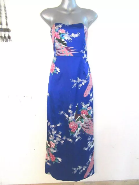 MOROCCO Long Blue Satin Strapless Dress Oriental Chinese Peacock Print 10