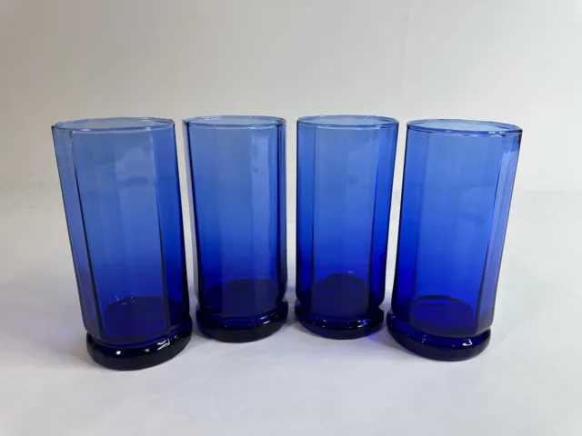 Vtg ANCHOR HOCKING ESSEX COBALT BLUE TUMBLERS 4 HIGH BALL GLASSES 6"