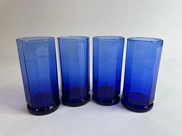 Vtg ANCHOR HOCKING ESSEX COBALT BLUE TUMBLERS 4 HIGH BALL GLASSES 6" Vtg ANCHOR HOCKING ESSEX COBALT BLUE TUMBLERS 4 HIGH BALL GLASSES 6"