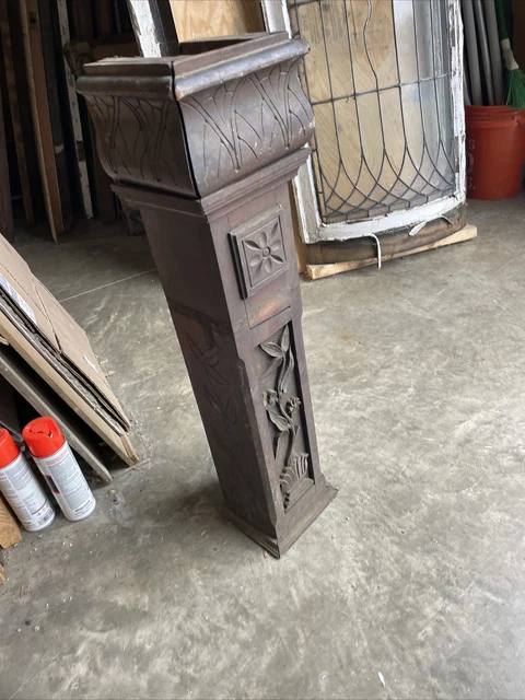Bova Antique Walnut Carved Post flower pot 33×7.5 x 9