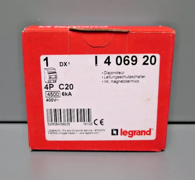 Disjoncteur DX³4500 6kA Tétrapolaire 400V 20A courbe C 3 modules LEGRAND  406920