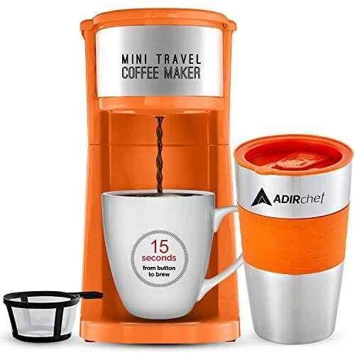 AdirChef Single Serve Mini Travel Coffee Maker & 15 oz. Travel Mug Coffee...