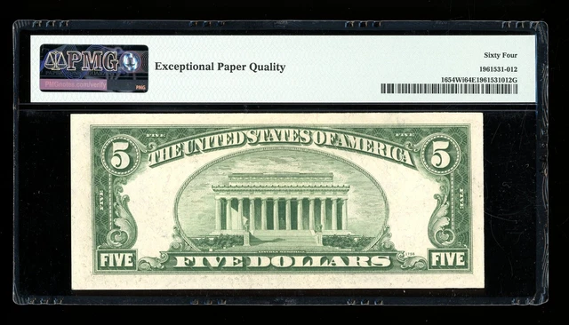 DBR 1934-D $5 Silver Fr. 1654Wi Wide I SA Block PMG 64 EPQ Serial S71851248A 2