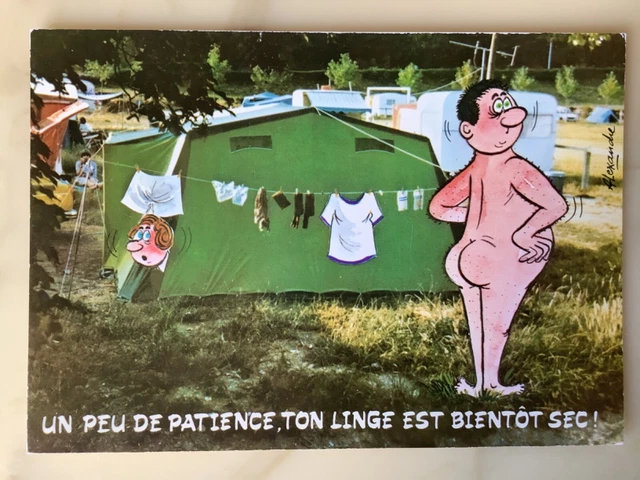CP humoristique série "Camping" un peu de patience ton linge est bientôt sec !