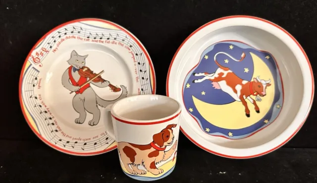Tiffany & Co. Vintage Ceramic Bowl Plate Mug Nursery Rhyme Set Hey Diddle Diddle