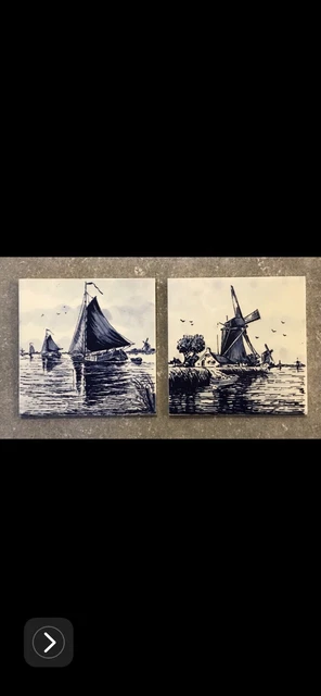 Two 6” Delft Blue Ceramic Tiles Windmills and Sailboats