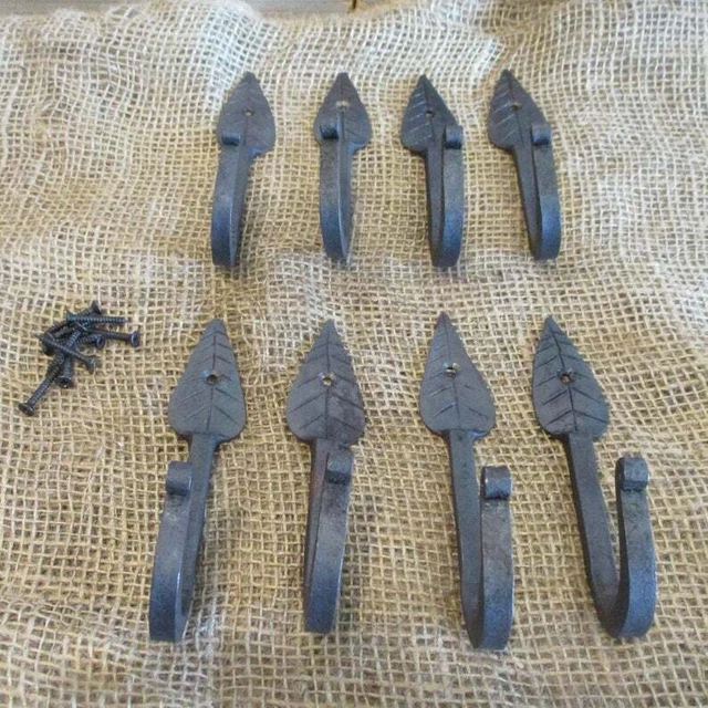 8 IRON LEAF HOOKS Coat Hat Entryway Hook 5 1/2" Long Hand Forged Hall Tree