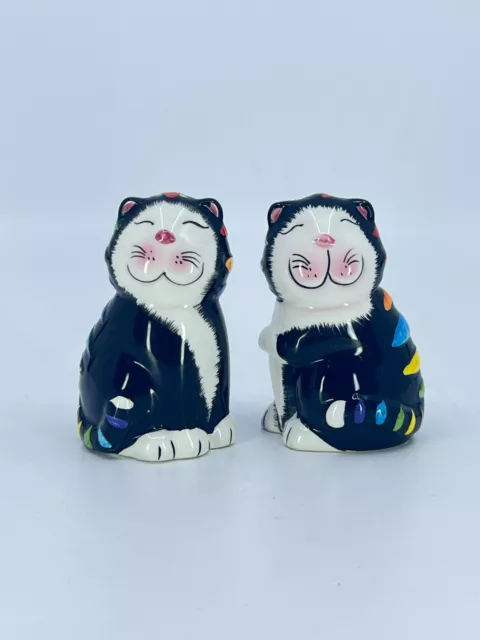 Happy Cats Tuxedo Cats Ceramic Salt and Pepper Shakers Rainbow Stripes GKAO
