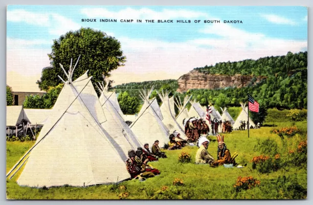 Black Hills South Dakota~Sioux Indian Camp~Tepees & Tents? & US Flag~Linen PC