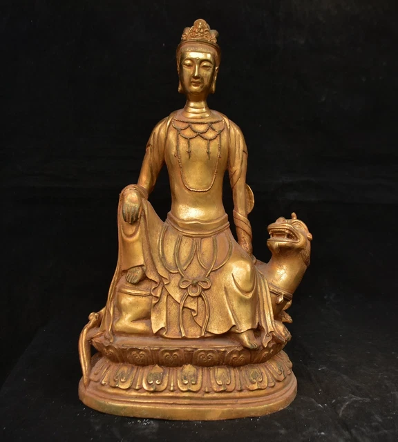 14.4" Old Chinese Copper Gilt Pu Xian Kwan-yin Guan Yin Goddess Beast Statue