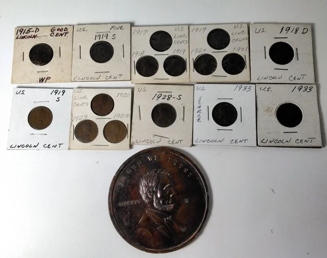 Lincoln Wheat Cent Piece 1915-1933 Lot Of 16 + Bonus Large Lincoln Cent Medal