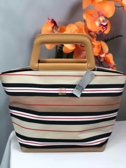NWT CITY DKNY Multi-color Striped Canvas Leather Trims Handbag Purse