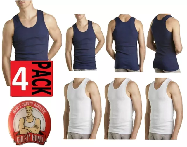 4 x Bonds Chesty Singlets White Navy Undershirt Chestys Mens Sizes Singlet Warm